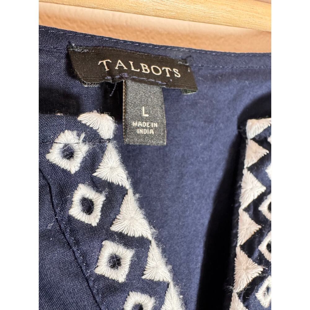 Talbots Womens Blouse Top Navy White Embroidered 100% Cotton L Coastal preppy - Picture 4 of 9